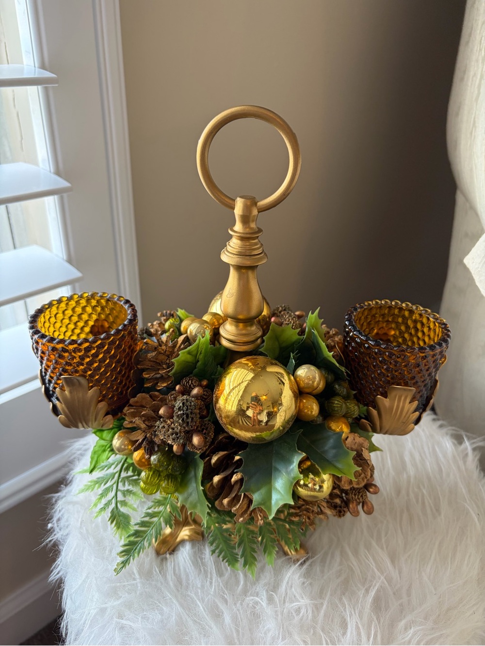 Vintage Gold Holiday Centerpiece with Amber Glass Candleholders